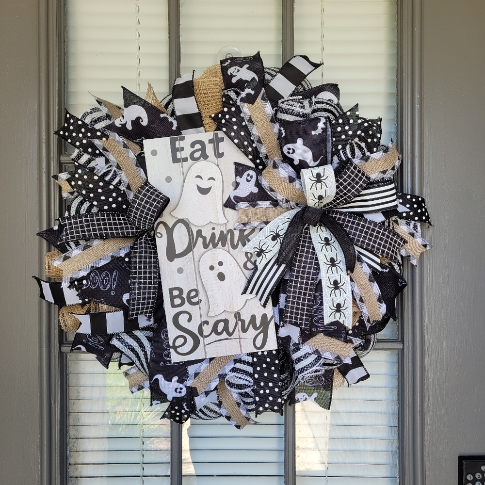 Halloween Ghost Wreath, Eat Drink and Be Scary Wreath, Halloween Party Decor